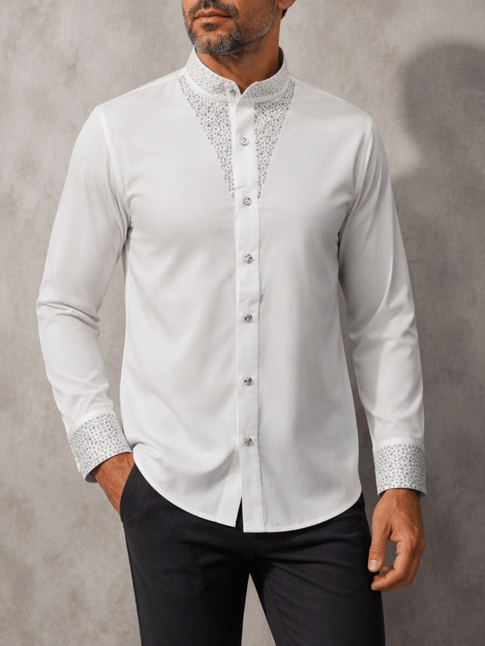 Mandarin Collar Formal Shirt Slim Fit - Camisa Social Casual Masculina de Luxo
