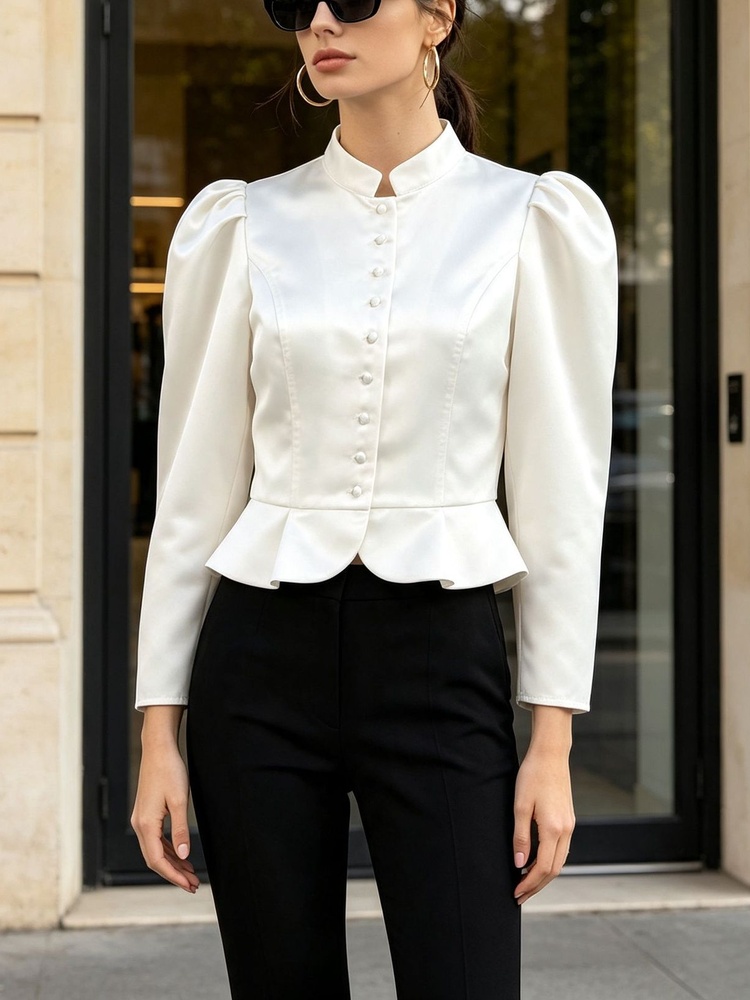 Mandarin Collar Formal Shirt Slim Fit - Blusa Feminina Tossy Peplum de Manga