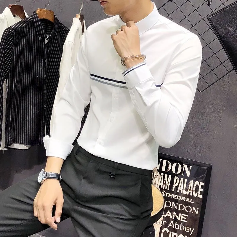 Camisa Masculina de Manga Long - Mandarin Collar Formal Shirt Slim Fit avaliação e preço