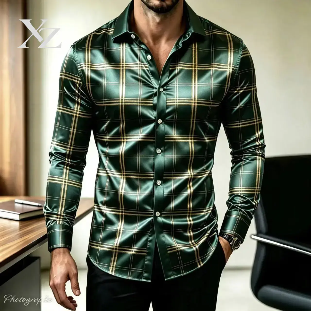 Camisa Social Masculina Xadrez - Mens Satin Silk Dress Shirt avaliação e preço