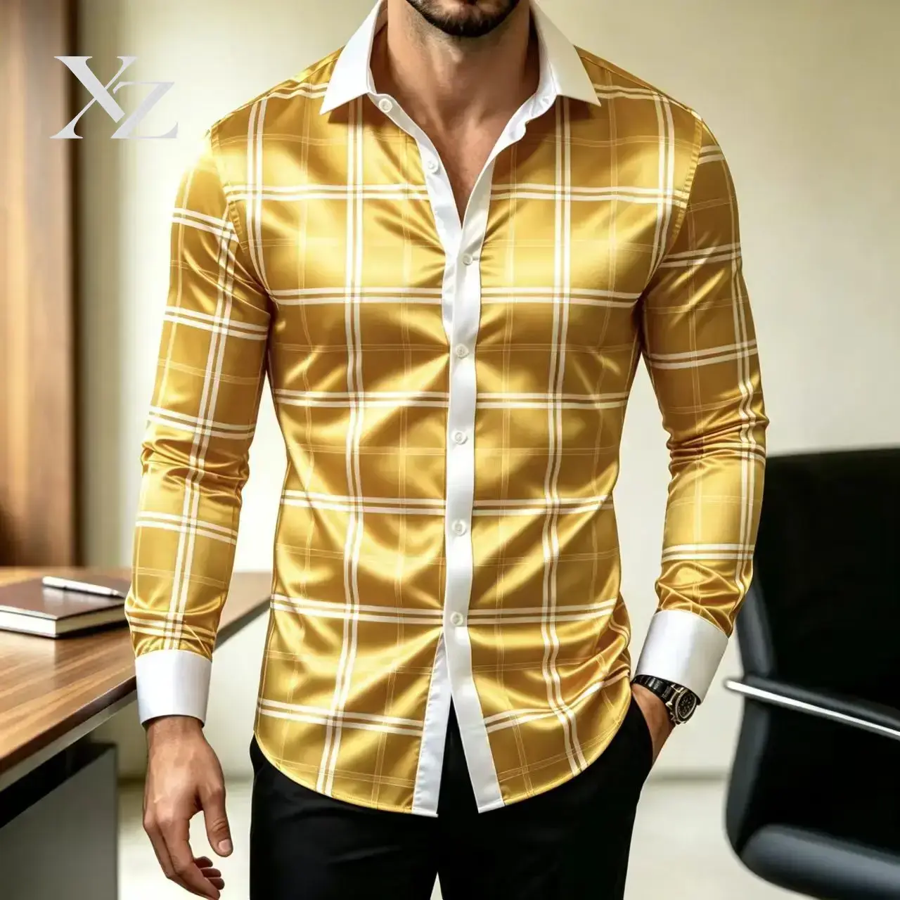 Camisa Social Masculina Xadrez - Mens Satin Silk Dress Shirt avaliação e preço