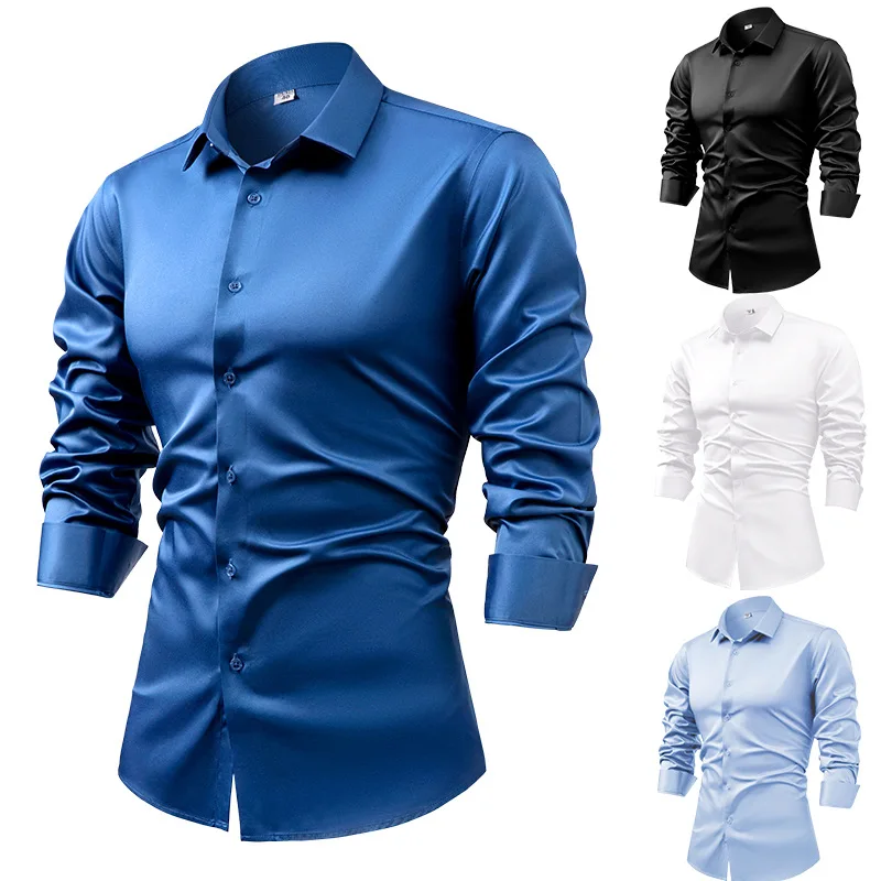 2025 primavera outono azul rea - Mens Satin Silk Dress Shirt avaliação e preço